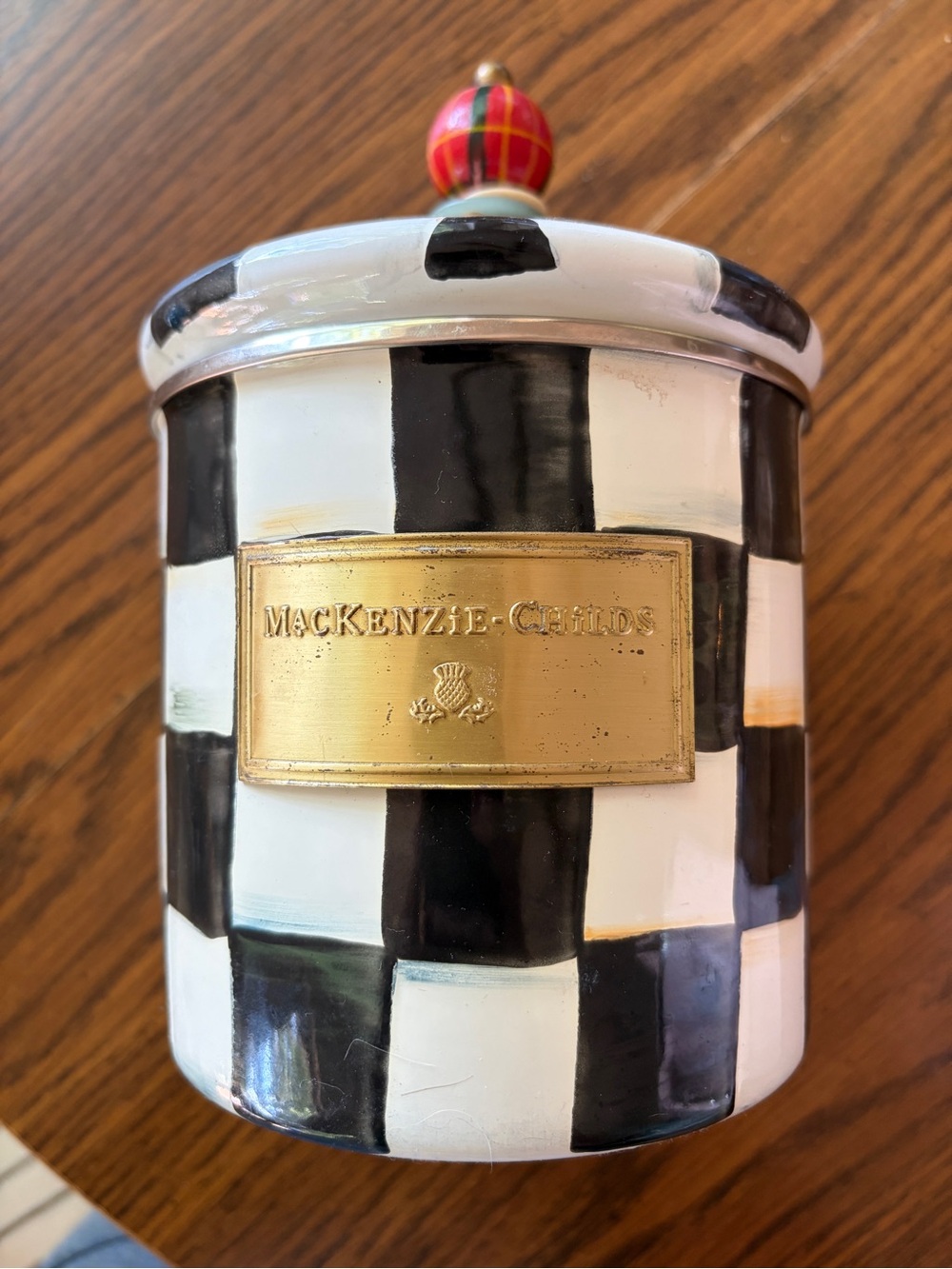 MacKenzie-Childs Black and White Courtly Check Canister with Gold Plaque